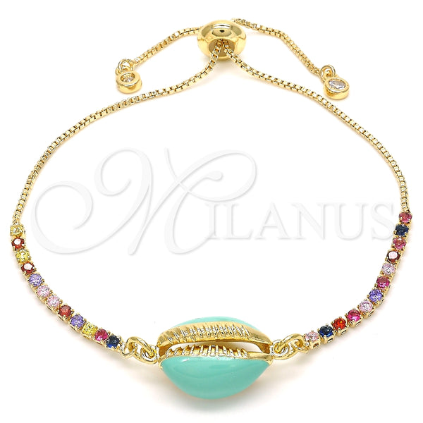 Pulsera Bolo Ajustable 03.63.2090.10 Oro Laminado, Diseño de Concha, con Multicolor Zirconia Cubica, Esmaltado Turquesa, Tono Dorado (01 MM Thickness, 10 Inches Length)