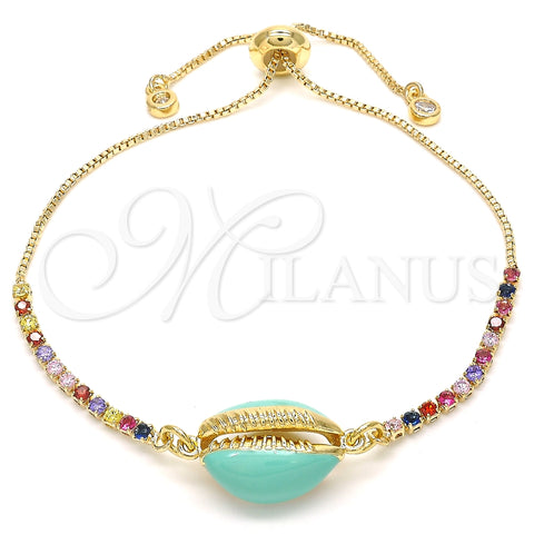 Pulsera Bolo Ajustable 03.63.2090.10 Oro Laminado, Diseño de Concha, con Multicolor Zirconia Cubica, Esmaltado Turquesa, Tono Dorado (01 MM Thickness, 10 Inches Length)