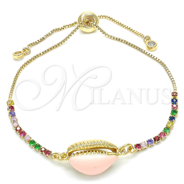 Pulsera Bolo Ajustable 03.63.2090.1.10 Oro Laminado, Diseño de Concha, con Multicolor Zirconia Cubica, Esmaltado Rosado, Tono Dorado (01 MM Thickness, 10 Inches Length)