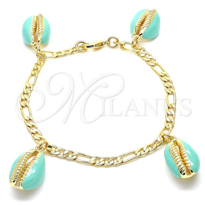 Pulsera de Dije 03.63.2093.08 Oro Laminado, Diseño de Concha, Esmaltado Turquesa, Tono Dorado (04 MM Thickness, 8 Inches Length)