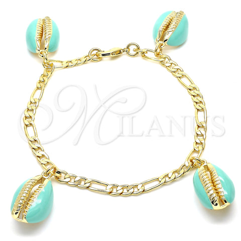 Pulsera de Dije 03.63.2093.08 Oro Laminado, Diseño de Concha, Esmaltado Turquesa, Tono Dorado (04 MM Thickness, 8 Inches Length)