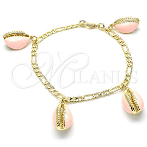Pulsera de Dije 03.63.2093.1.08 Oro Laminado, Diseño de Concha, Esmaltado Rosado, Tono Dorado (04 MM Thickness, 8 Inches Length)