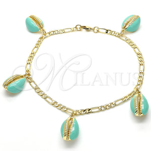 Tobillera de Dije 03.63.2093.10 Oro Laminado, Esmaltado Turquesa, Tono Dorado (04 MM Thickness, 10 Inches Length)