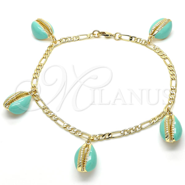 Tobillera de Dije 03.63.2093.10 Oro Laminado, Esmaltado Turquesa, Tono Dorado (04 MM Thickness, 10 Inches Length)