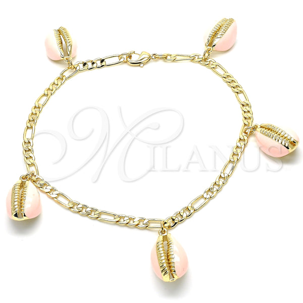 Tobillera de Dije 03.63.2093.1.10 Oro Laminado, Esmaltado Rosado, Tono Dorado (04 MM Thickness, 10 Inches Length)