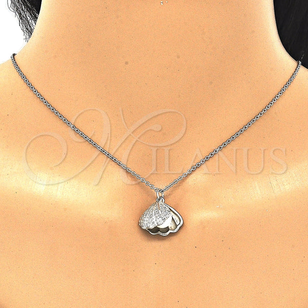 Collares con Dije 04.336.0129.16 Plata Rodinada, Diseño de Concha, con Micro Pave Blanca y Perla Marfil, Pulido, Rodinado (Grosor 01 MM, 16 Pulgadas de Largo)