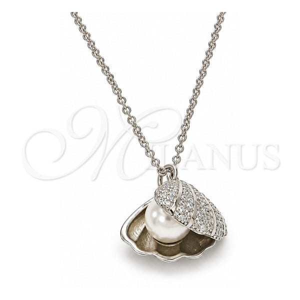 Collares con Dije 04.336.0129.16 Plata Rodinada, Diseño de Concha, con Micro Pave Blanca y Perla Marfil, Pulido, Rodinado (Grosor 01 MM, 16 Pulgadas de Largo)
