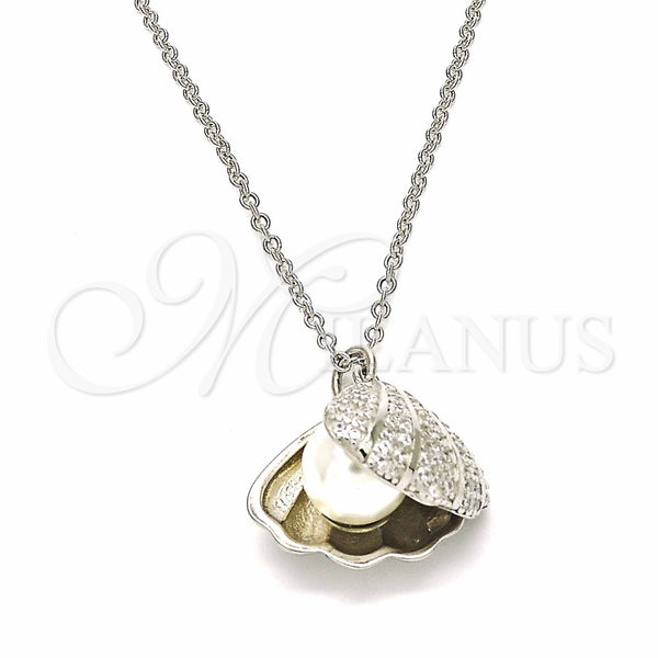 Collares con Dije 04.336.0129.16 Plata Rodinada, Diseño de Concha, con Micro Pave Blanca y Perla Marfil, Pulido, Rodinado (Grosor 01 MM, 16 Pulgadas de Largo)