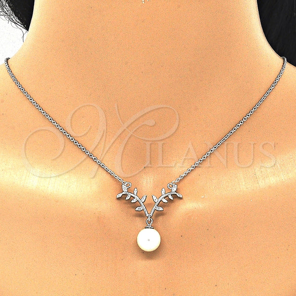Collares con Dije 04.336.0136.16 Plata Rodinada, con Zirconia Cubica Blanca y Perla Marfil, Pulido, Rodinado (Grosor 01 MM, 16 Pulgadas de Largo)