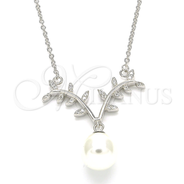 Collares con Dije 04.336.0136.16 Plata Rodinada, con Zirconia Cubica Blanca y Perla Marfil, Pulido, Rodinado (Grosor 01 MM, 16 Pulgadas de Largo)