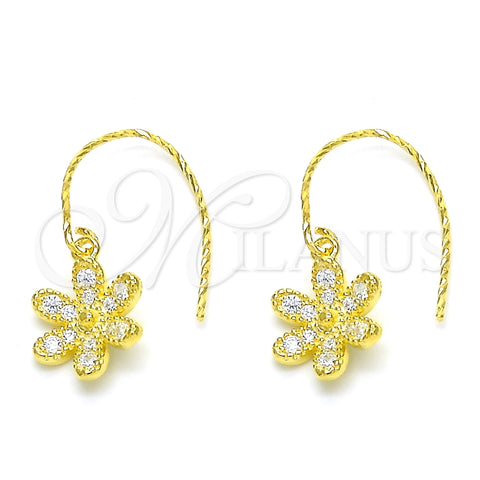 Arete Colgante 02.366.0001.1 Plata Rodinada, Diseño de Flor, con Zirconia Cubica Blanca, Pulido, Tono Dorado