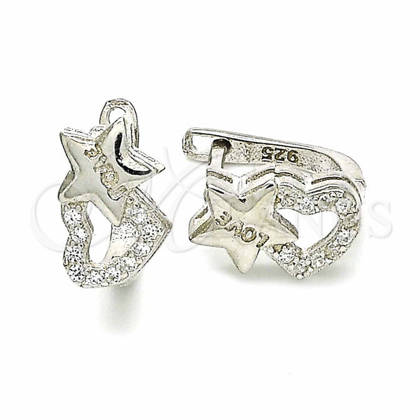Argolla Huggie 02.186.0181.10 Plata Rodinada, Diseño de Estrella y Corazón, con Zirconia Cubica Blanca, Pulido, Rodinado