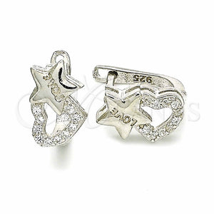 Argolla Huggie 02.186.0181.10 Plata Rodinada, Diseño de Estrella y Corazón, con Zirconia Cubica Blanca, Pulido, Rodinado