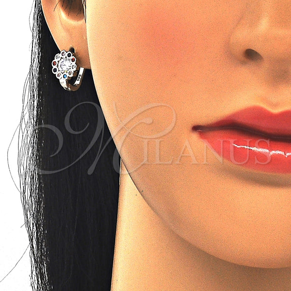 Argolla Huggie 02.186.0186.12 Plata Rodinada, Diseño de Flor, con Zirconia Cubica Multicolor, Pulido, Rodinado