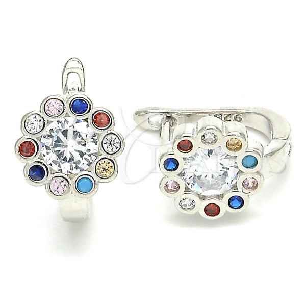 Argolla Huggie 02.186.0186.12 Plata Rodinada, Diseño de Flor, con Zirconia Cubica Multicolor, Pulido, Rodinado