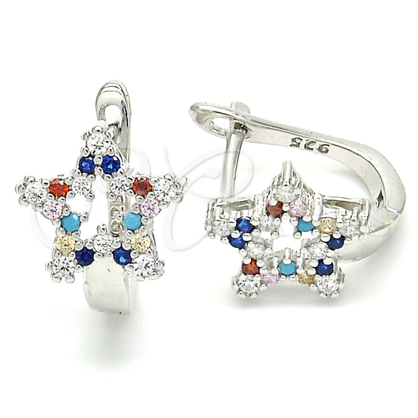 Argolla Huggie 02.186.0187.12 Plata Rodinada, Diseño de Estrella, con Zirconia Cubica Multicolor, Pulido, Rodinado
