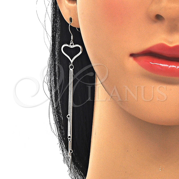 Arete Largo 02.285.0100 Plata Rodinada, Diseño de Corazón, Pulido, Rodinado