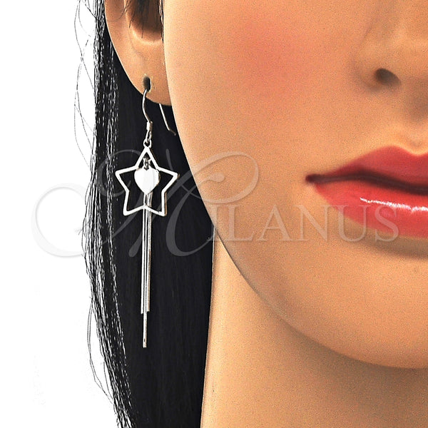 Arete Largo 02.285.0104 Plata Rodinada, Diseño de Estrella y Corazón, Pulido, Rodinado
