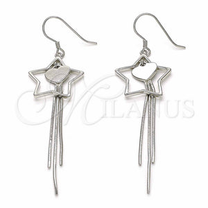 Arete Largo 02.285.0104 Plata Rodinada, Diseño de Estrella y Corazón, Pulido, Rodinado