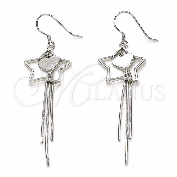 Arete Largo 02.285.0104 Plata Rodinada, Diseño de Estrella y Corazón, Pulido, Rodinado