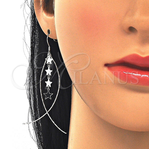 Arete Largo 02.367.0002 Plata Rodinada, Diseño de Estrella, Pulido, Rodinado