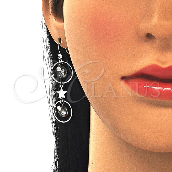 Arete Largo 02.367.0016 Plata Rodinada, Diseño de Estrella, con Zirconia Cubica Black Diamond y Blanca, Pulido, Rodinado