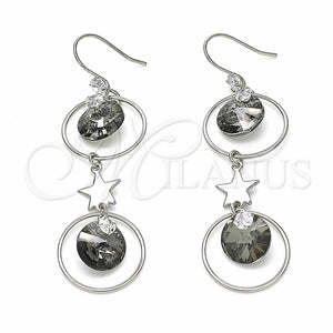 Arete Largo 02.367.0016 Plata Rodinada, Diseño de Estrella, con Zirconia Cubica Black Diamond y Blanca, Pulido, Rodinado