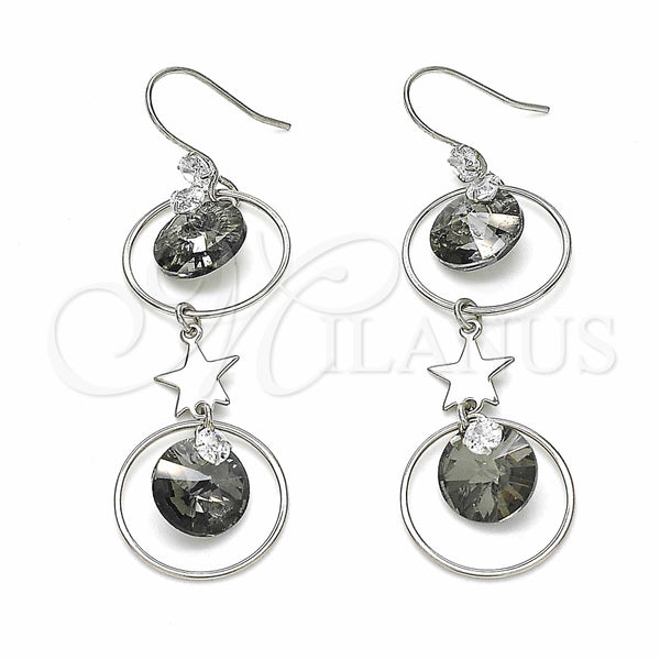 Arete Largo 02.367.0016 Plata Rodinada, Diseño de Estrella, con Zirconia Cubica Black Diamond y Blanca, Pulido, Rodinado