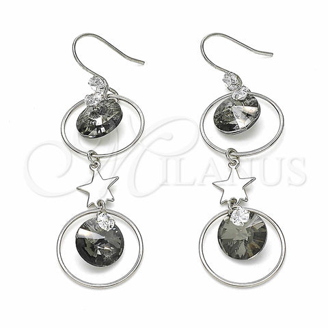 Arete Largo 02.367.0016 Plata Rodinada, Diseño de Estrella, con Zirconia Cubica Black Diamond y Blanca, Pulido, Rodinado