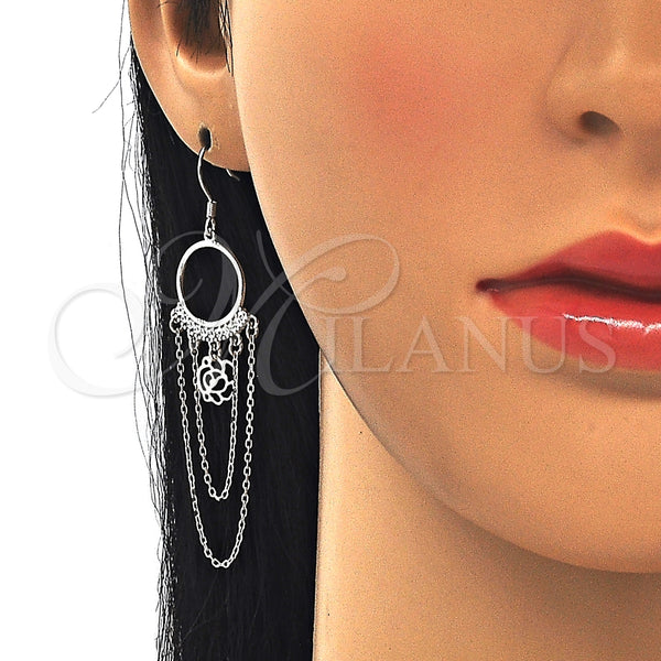 Arete Largo 02.367.0019 Plata Rodinada, Diseño de Flor, con Zirconia Cubica Blanca, Pulido, Rodinado