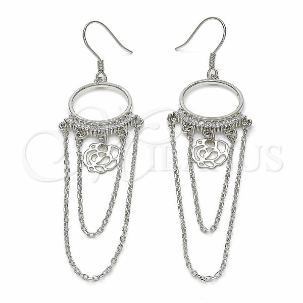 Arete Largo 02.367.0019 Plata Rodinada, Diseño de Flor, con Zirconia Cubica Blanca, Pulido, Rodinado