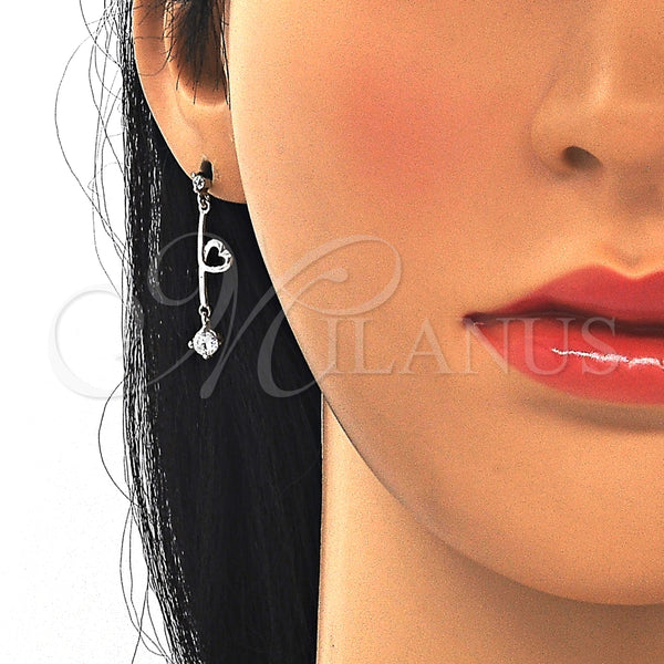 Arete Largo 02.367.0023 Plata Rodinada, Diseño de Corazón, con Zirconia Cubica Blanca, Pulido, Rodinado