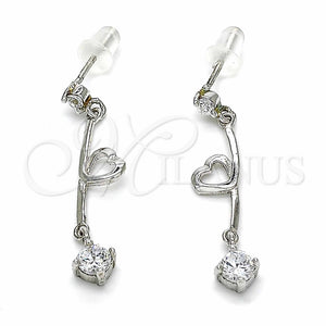 Arete Largo 02.367.0023 Plata Rodinada, Diseño de Corazón, con Zirconia Cubica Blanca, Pulido, Rodinado