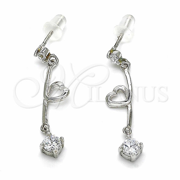 Arete Largo 02.367.0023 Plata Rodinada, Diseño de Corazón, con Zirconia Cubica Blanca, Pulido, Rodinado