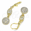 Arete Largo 02.351.0030 Oro Laminado, Diseño de San Benito, con Blanca Zirconia Cubica, Pulido, Tono Dorado