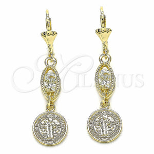 Arete Largo 02.351.0030 Oro Laminado, Diseño de San Benito, con Blanca Zirconia Cubica, Pulido, Tono Dorado