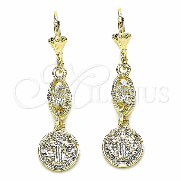 Arete Largo 02.351.0030 Oro Laminado, Diseño de San Benito, con Blanca Zirconia Cubica, Pulido, Tono Dorado