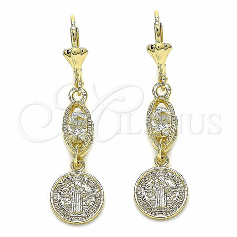 Arete Largo 02.351.0030 Oro Laminado, Diseño de San Benito, con Blanca Zirconia Cubica, Pulido, Tono Dorado