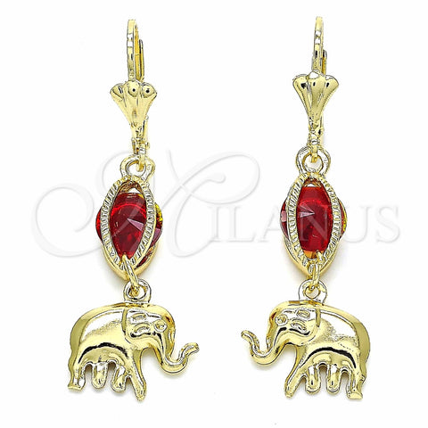 Arete Largo 02.351.0021.1 Oro Laminado, Diseño de Elefante, con Granate Zirconia Cubica, Pulido, Tono Dorado