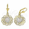 Arete Colgante 02.351.0034 Oro Laminado, Diseño de Flor y Guadalupe, Pulido, Tres Tonos