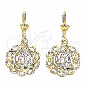 Arete Colgante 02.351.0034 Oro Laminado, Diseño de Flor y Guadalupe, Pulido, Tres Tonos