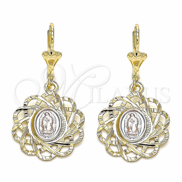 Arete Colgante 02.351.0034 Oro Laminado, Diseño de Flor y Guadalupe, Pulido, Tres Tonos