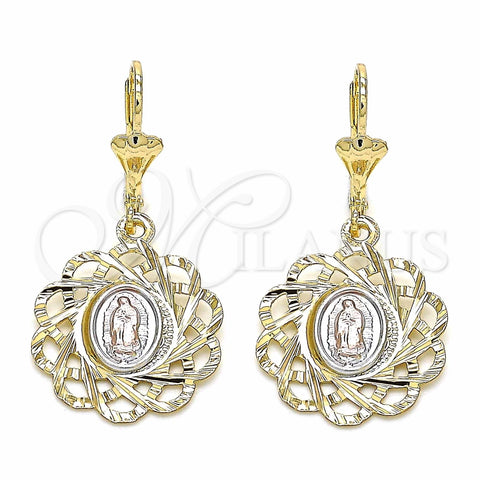 Arete Colgante 02.351.0034 Oro Laminado, Diseño de Flor y Guadalupe, Pulido, Tres Tonos