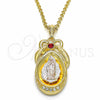 Dije Religioso 05.351.0046 Oro Laminado, Diseño de Guadalupe y Gota, con Granate and Blanca Cristal, Pulido, Tres Tonos