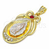 Dije Religioso 05.351.0046 Oro Laminado, Diseño de Guadalupe y Gota, con Granate and Blanca Cristal, Pulido, Tres Tonos