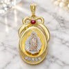 Dije Religioso 05.351.0046 Oro Laminado, Diseño de Guadalupe y Gota, con Cristal Granate y Blanca, Pulido, Tres Tonos
