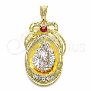 Dije Religioso 05.351.0046 Oro Laminado, Diseño de Guadalupe y Gota, con Granate and Blanca Cristal, Pulido, Tres Tonos