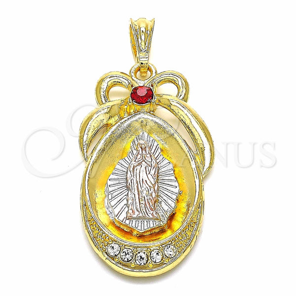 Dije Religioso 05.351.0046 Oro Laminado, Diseño de Guadalupe y Gota, con Granate and Blanca Cristal, Pulido, Tres Tonos