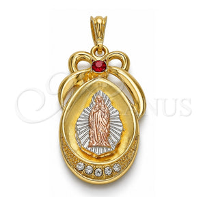 Dije Religioso 05.351.0046 Oro Laminado, Diseño de Guadalupe y Gota, con Cristal Granate y Blanca, Pulido, Tres Tonos