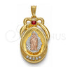Dije Religioso 05.351.0046 Oro Laminado, Diseño de Guadalupe y Gota, con Cristal Granate y Blanca, Pulido, Tres Tonos